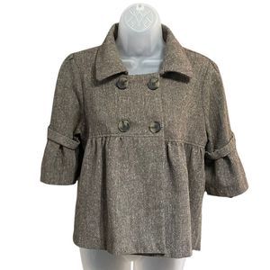 SOPHIE & KATE cropped 3/4 sleeve pea coat 30% wool brown with white specs sz Lg